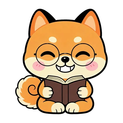 Kumo, a chibi shiba in a scholar's robe, smiling