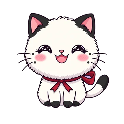 Mumu, a chibi black and white cat, smiling