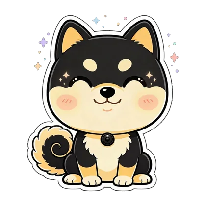 Ryu, a chibi black shiba, smiling