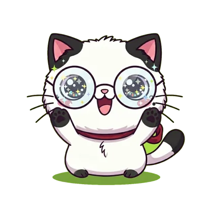 Waffle, a chibi cat in round glasses, smiling